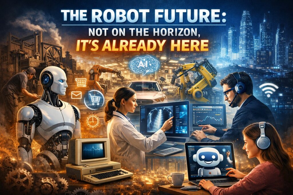 Bold text declaring the robot future is already here, representing AI job replacement fears and automation in the workplace.