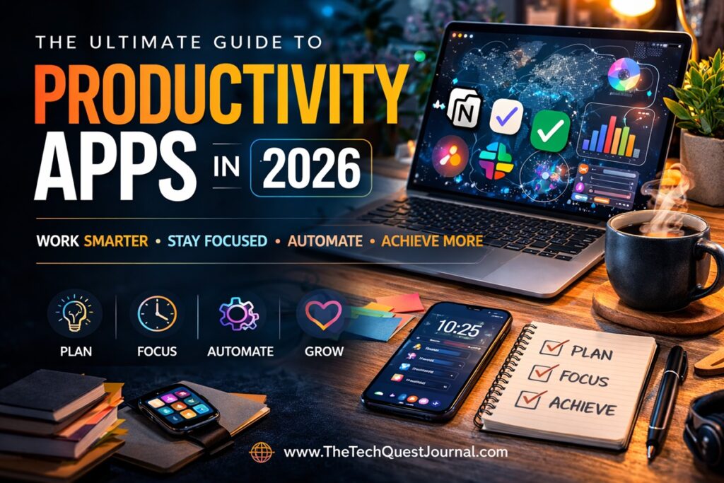 Modern workspace with laptop, phone, planners, and app icons showcasing the ultimate guide to productivity apps in 2026